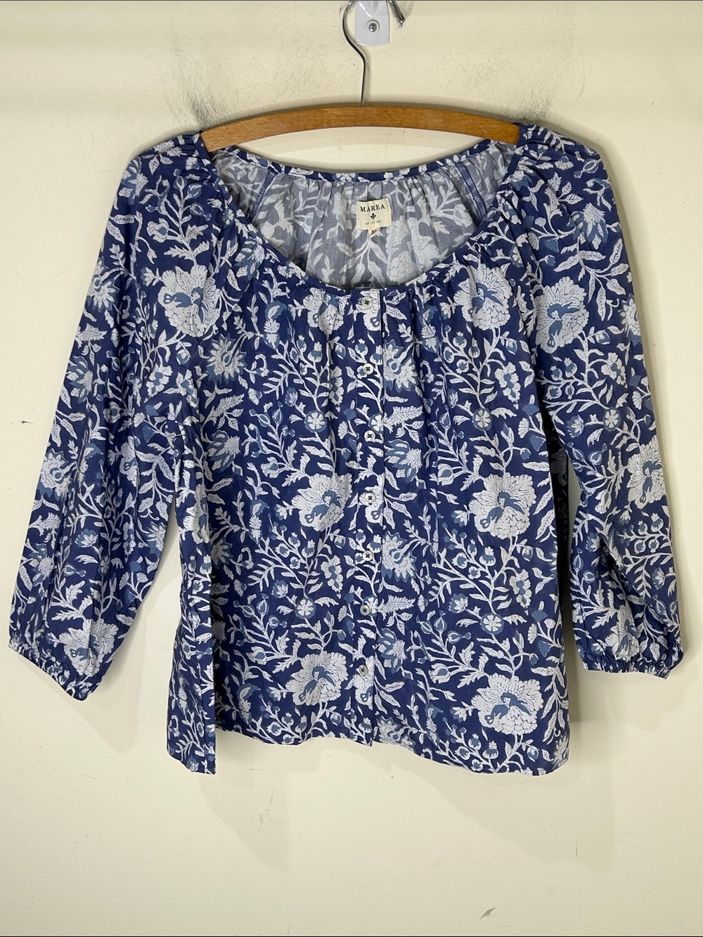 MAREA by Liz Joy Floral Cotton Blouse Top XS Blue White - Picture 2 of 13